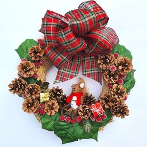 Sledding Squirrel Pinecone & Berries Wreath